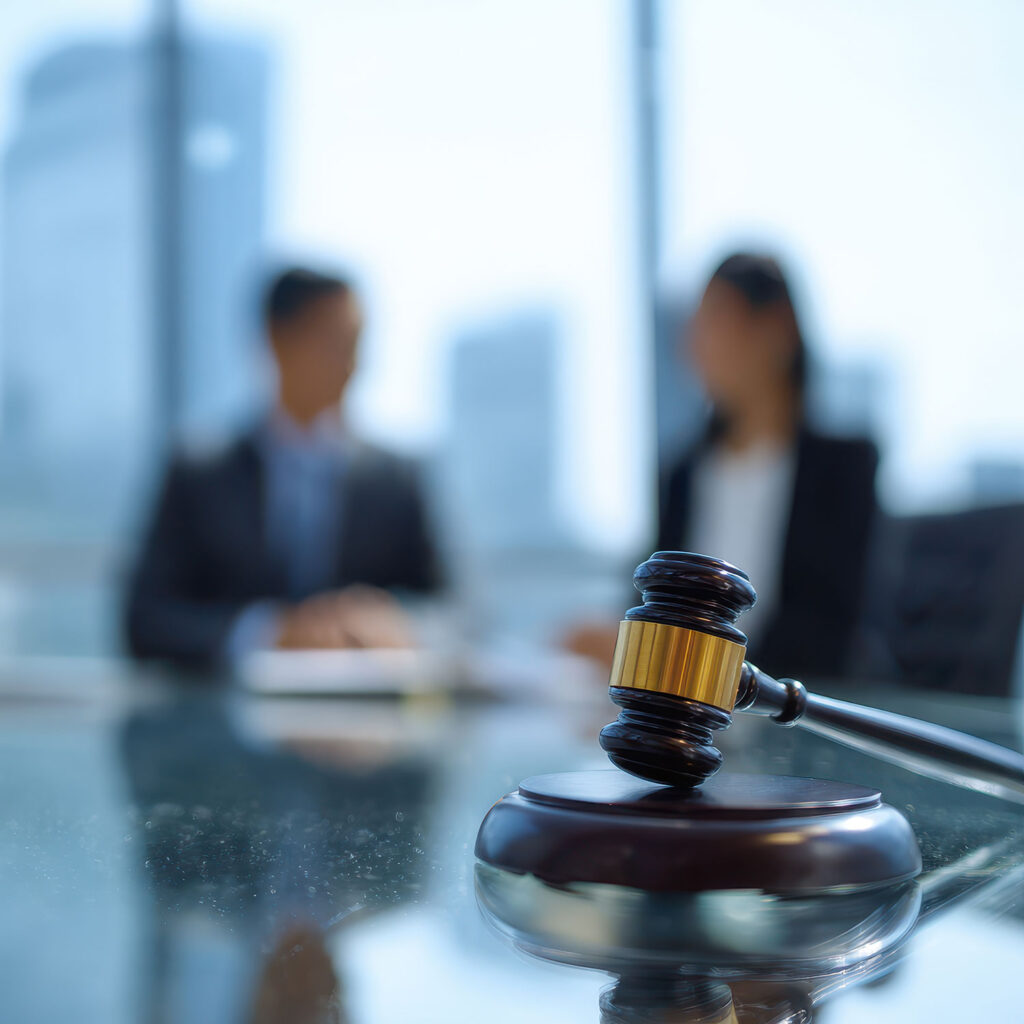 judge's gavel in foreground with blurred images of lawyers in background